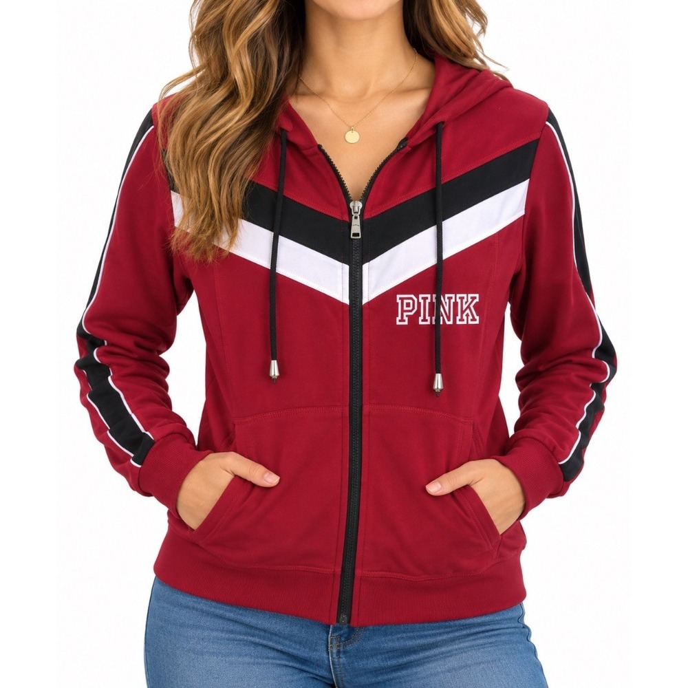PINK Victoria Secret Womens Zip Up Hoodie Jacket Burgundy Colorblock L XL